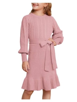 Girls Sweater Dress Cable Knit Long Sleeve Fall Winter Dress for Girl with Belt Sizes 6-14