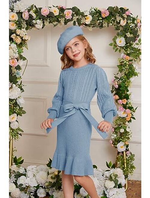 GRACE KARIN Girls Sweater Dress Cable Knit Long Sleeve Fall Winter Dress for Girl with Belt Sizes 6-14