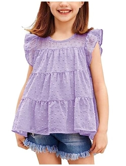 Girls Shirts Ruffle Sleeve Summer Tops Chiffon Swiss Dot Casual Blouses Tunic