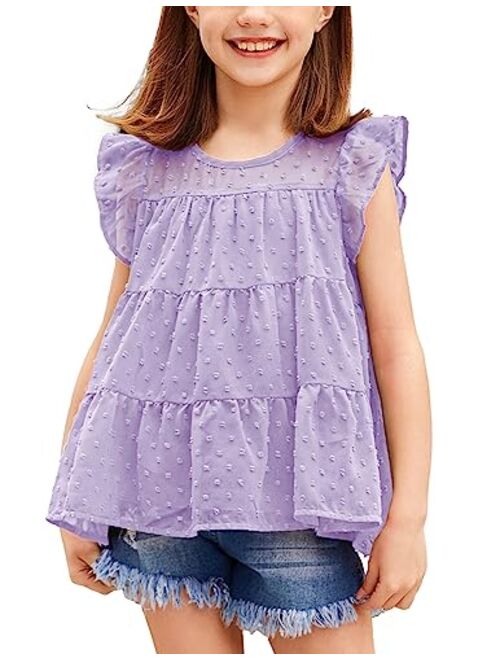 Arshiner Girls Shirts Ruffle Sleeve Summer Tops Chiffon Swiss Dot Casual Blouses Tunic
