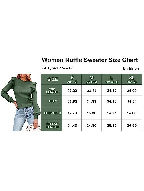 PRETTYGARDEN Women's Ruffle Shoulder Long Sleeve Sweaters Crew Neck Slim Fitted 2023 Fall Ribbed Knit Tops