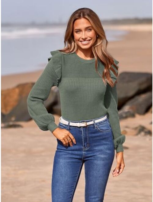 PRETTYGARDEN Women's Ruffle Shoulder Long Sleeve Sweaters Crew Neck Slim Fitted 2023 Fall Ribbed Knit Tops