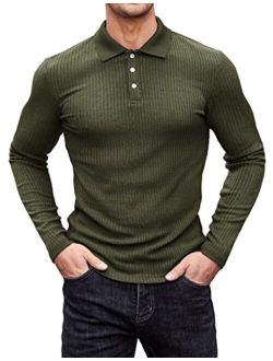Men's Stretch Muscle Tshirts Long Sleeve Knit Tees Casual Slim Fit Polo Shirts