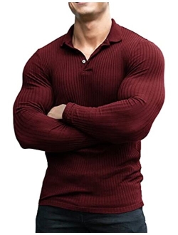 Men's Stretch Muscle Tshirts Long Sleeve Knit Tees Casual Slim Fit Polo Shirts