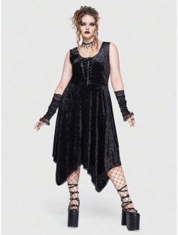 Goth Plus Lace Up Front Hanky Hem Velvet Dress Without Arm Sleeves