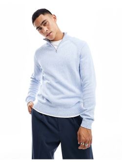 knit midweight cotton 1/4 zip sweater in blue twist