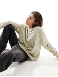 oversized knit fisherman rib sweater with ladder detail in stone