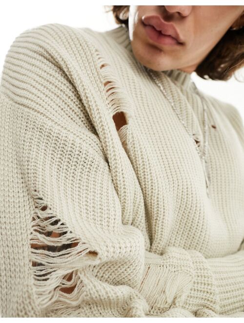 ASOS DESIGN oversized knit fisherman rib sweater with ladder detail in stone