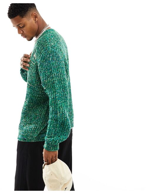 ASOS DESIGN oversized chunky knit rib sweater with distressing in green twist