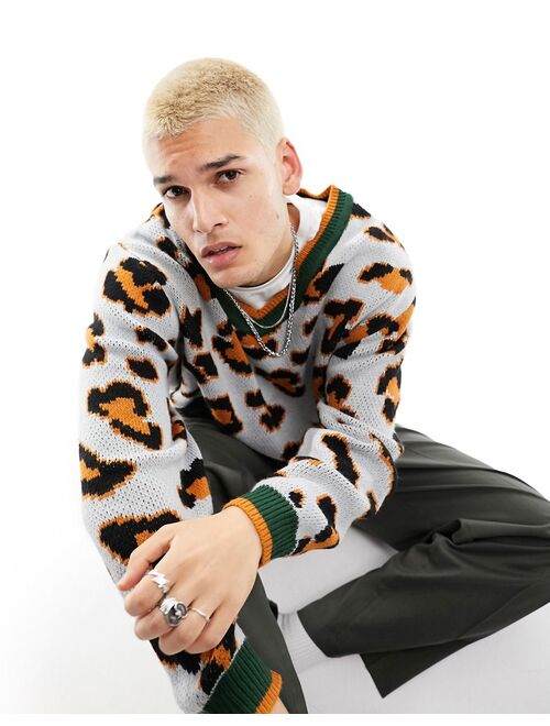 ASOS DESIGN oversized knit cheetah design v-neck sweater in gray
