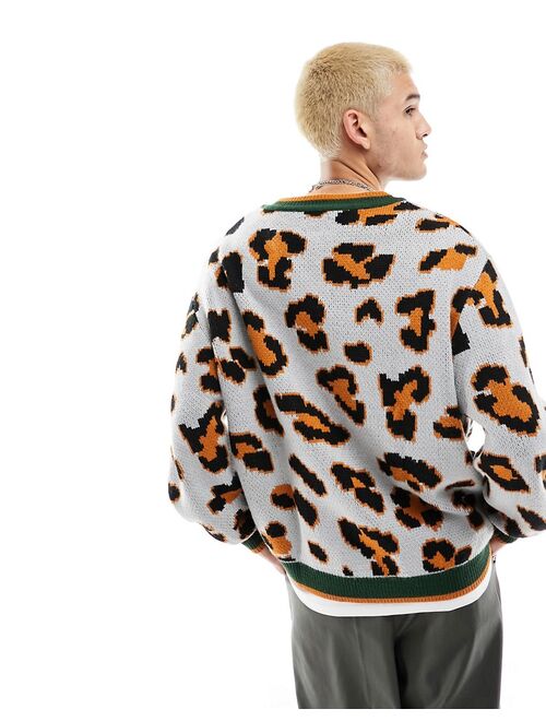 ASOS DESIGN oversized knit cheetah design v-neck sweater in gray