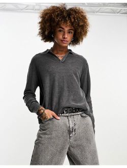 distressed knitted polo sweater in washed gray