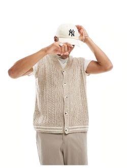 oversized cable knit sleeveless cricket cardigan tank in tan