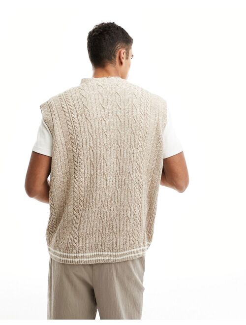 ASOS DESIGN oversized cable knit sleeveless cricket cardigan tank in tan