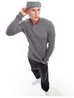 muscle fit knitted essential 1/4 zip sweater in gray twist