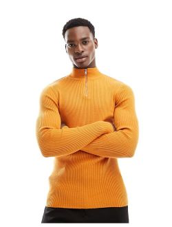 muscle fit knitted essential 1/4 zip sweater in orange