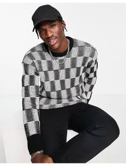 relaxed fit checkerboard sweater in black