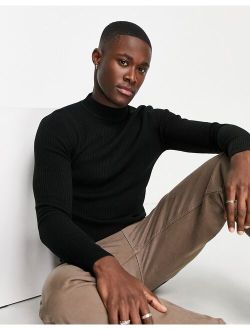 muscle knit essential ribbed turtle neck sweater in black