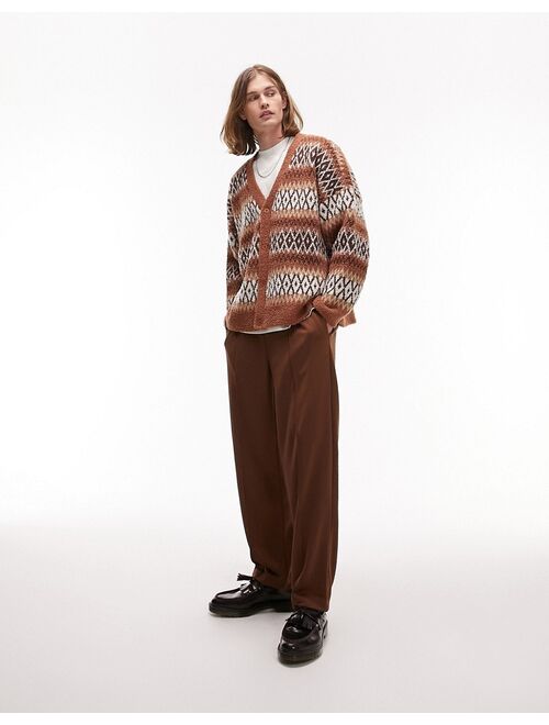 Topman fluffy stripe arygle cardigan in brown