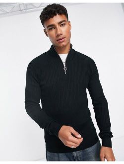muscle fit ribbed funnel neck sweater in black