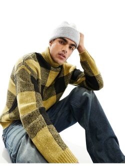 fluffy knit plaid roll neck sweater in beige & black