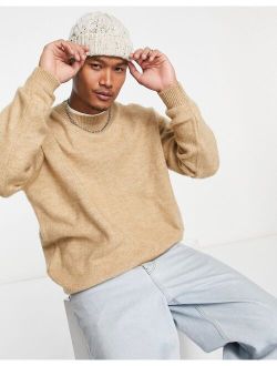 fluffy knitted crew neck sweater in stone