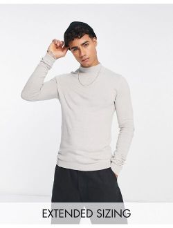 knitted muscle fit turtle neck sweater in light gray