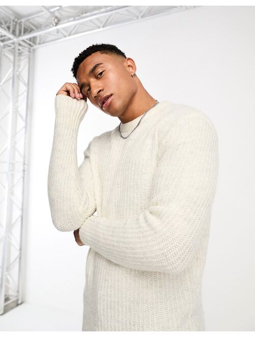 Selected Homme oversized wool mix crew neck sweater in off white