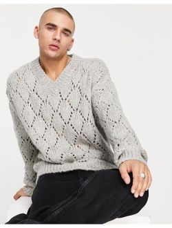 knitted pointelle sweater with v-neck in gray