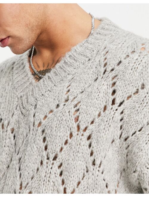 ASOS DESIGN knitted pointelle sweater with v-neck in gray