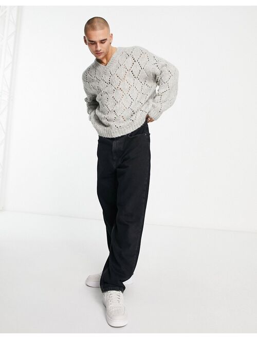 ASOS DESIGN knitted pointelle sweater with v-neck in gray