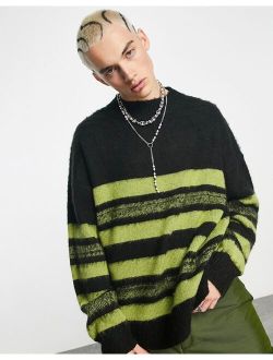 oversized brushed knit sweater in black and green stripe