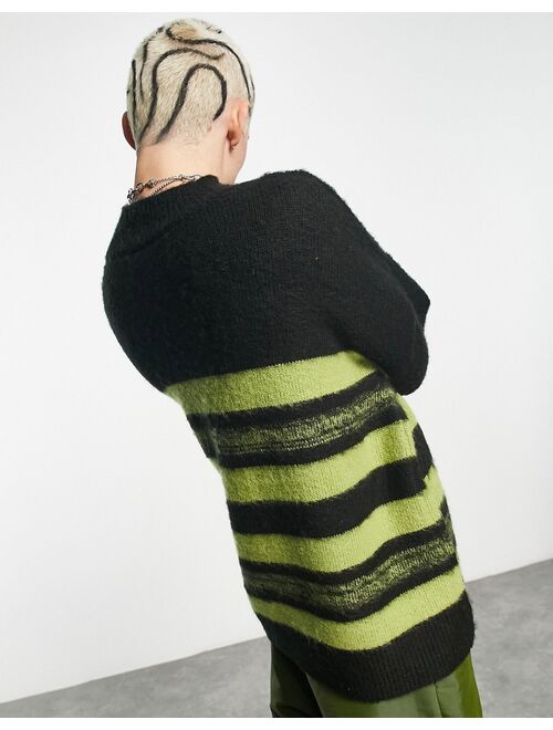 COLLUSION oversized brushed knit sweater in black and green stripe