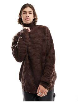 oversized fisherman rib roll neck sweater in brown