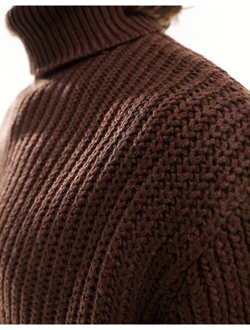 ASOS DESIGN oversized fisherman rib roll neck sweater in brown