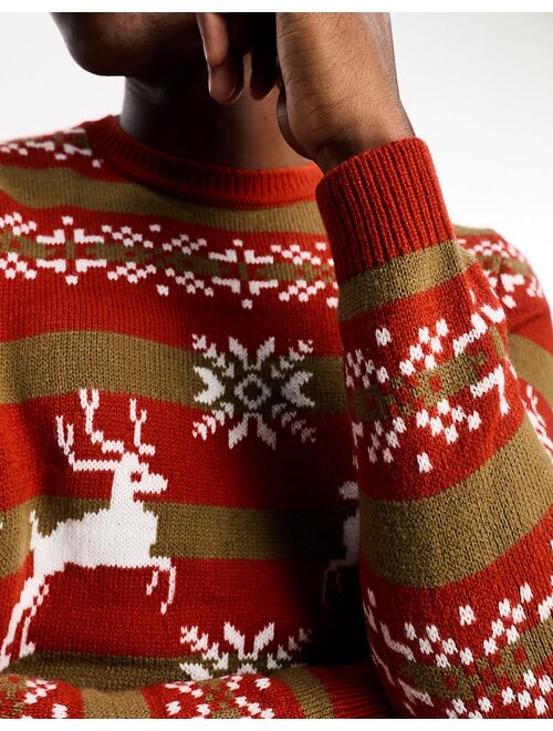ASOS DESIGN knitted Christmas sweater with orange fairisle stag pattern