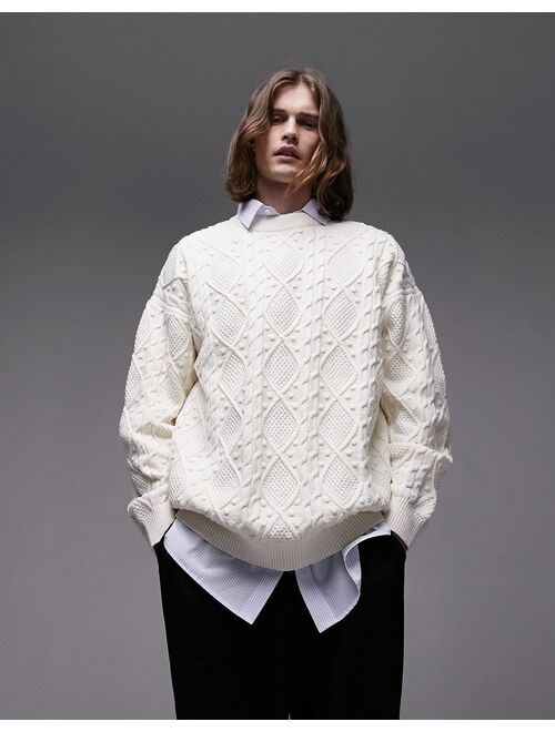 Topman multi stitch cable knit sweater in ecru