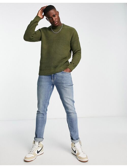 New Look relaxed fit knit fisherman sweater in dark khaki