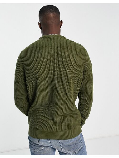 New Look relaxed fit knit fisherman sweater in dark khaki