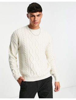 relaxed fit cable crew neck sweater in off white