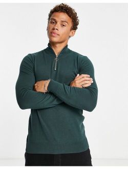 slim fit zip funnel neck knit sweater in dark green