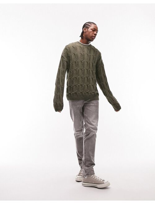 Topman knitted crewneck with enlarged cable knit in khaki