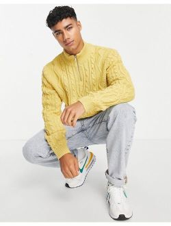 cable knit half zip sweater in mustard
