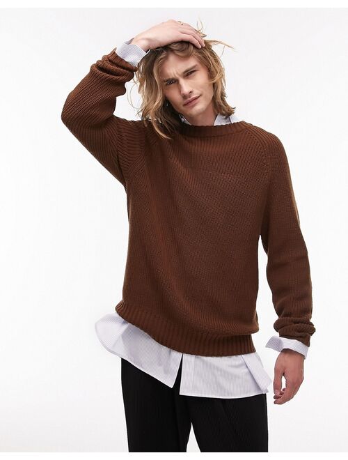 Topman fisherman sweater in brown