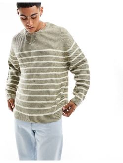 oversized fisherman ribbed crew sweater in stone and white stripe