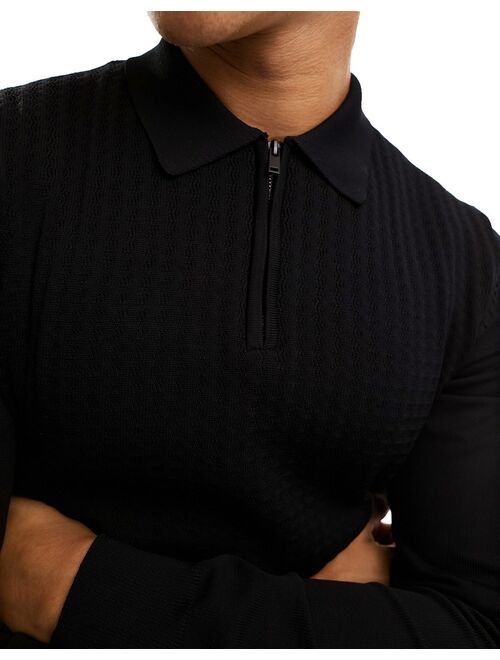 River Island muscle fit cable polo in black