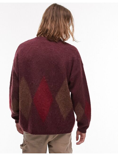 Topman large argyle sweater with wool in burgundy