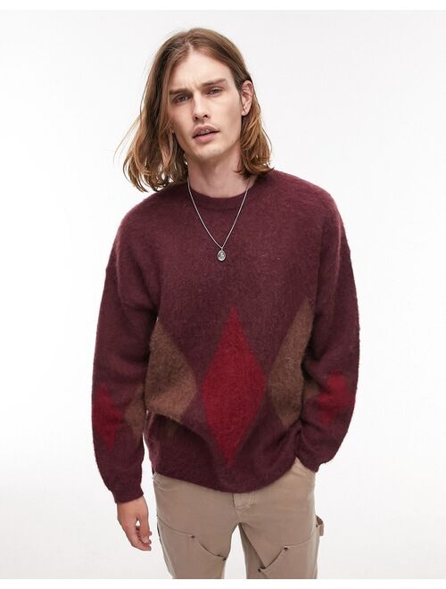 Topman large argyle sweater with wool in burgundy