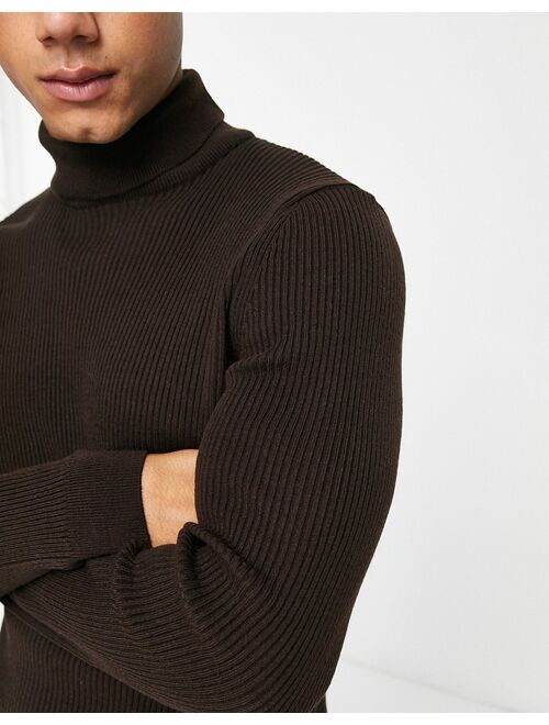 New Look ribbed muscle fit turtle neck sweater in dark brown