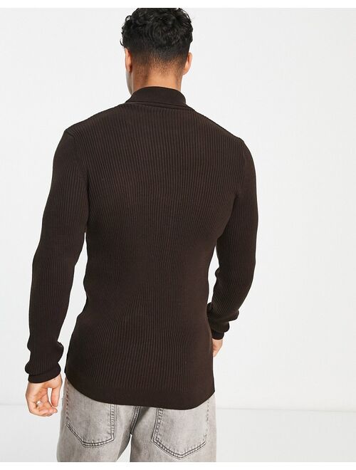 New Look ribbed muscle fit turtle neck sweater in dark brown